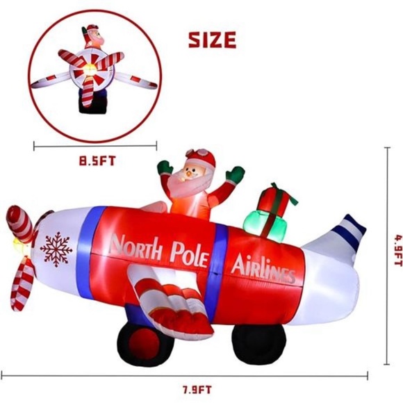 8 Ft Christmas Inflatables, Blow Up Santa Claus Flying Polar Airplane with Gift - Picture 5 of 6